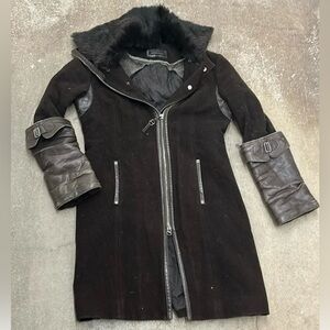 RUDSAK Black Fur-and Leather Trimmed Coat